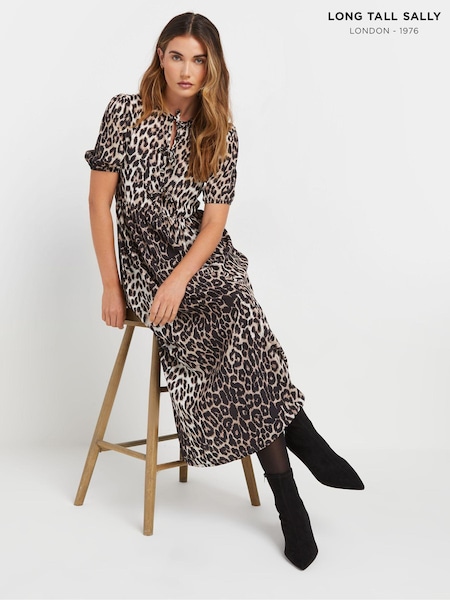 Long Tall Sally Natural Animal Print Tie Front Midi Dress (AU0232) | £36