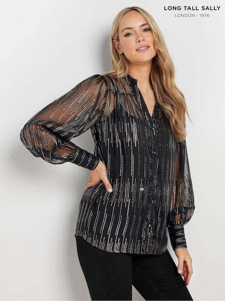 Long Tall Sally Black Jacquard Metallic Button Through Blouse (AU0247) | £33