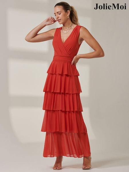 Jolie Moi Orange Plain Tiered Mesh Maxi Dress (AU0306) | £95