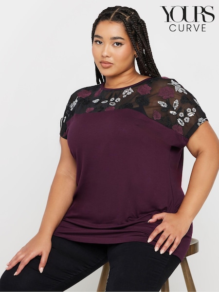 Yours Curve Purple Embellished 3/4 Sleeve Top (AU0347) | £29