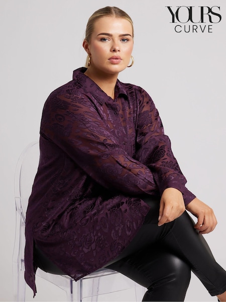 Yours Curve Purple London Floral Print Burnout Shirt (AU0356) | £39