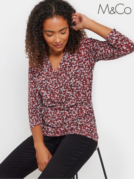 M&Co Red Ditsy 3/4 Sleeve Wrap Top (AU0357) | £23