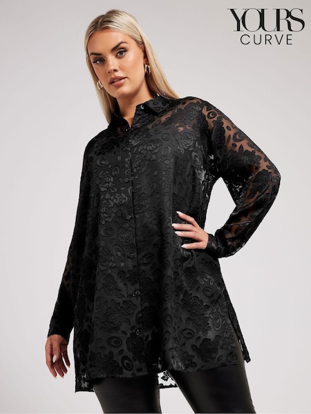 Yours Curve Black London Floral Print Burnout Shirt (AU0374) | £39