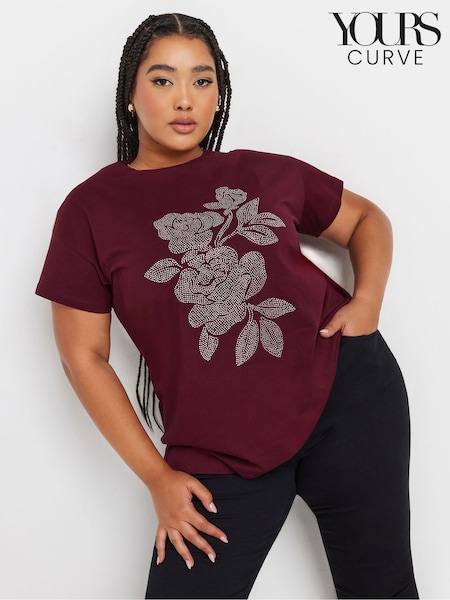 Yours Curve Red Stud Floral 100% Cotton T-Shirt (AU0388) | £20