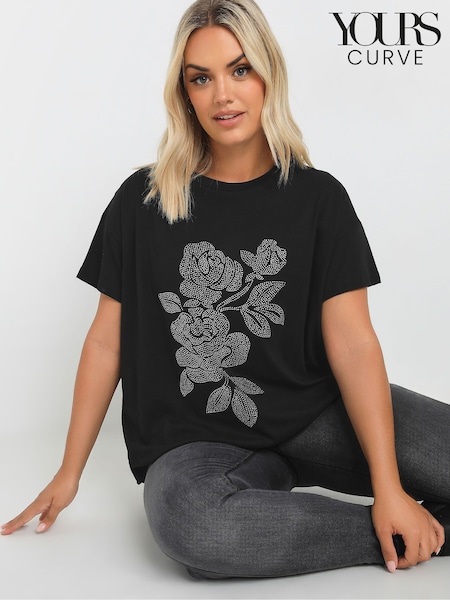 Yours Curve Black Stud Floral 100% Cotton T-Shirt (AU0398) | £20