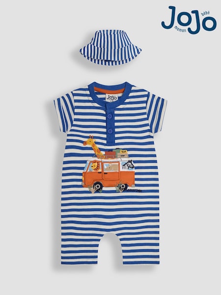JoJo Maman Bébé Cobalt Blue Safari 2-Piece Appliqué Romper & Hat Set (AU0425) | £25 - £26