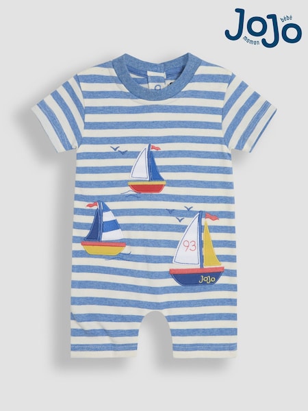 JoJo Maman Bébé Blue Boat Dino Scene Romper (AU0438) | £20 - £21
