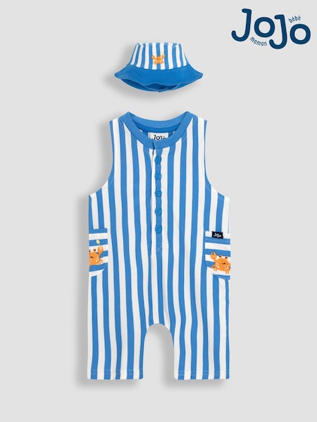 JoJo Maman Bébé Sky Blue Crab 2-Piece Crab Appliqué Romper & Hat Set (AU0453) | £25 - £26
