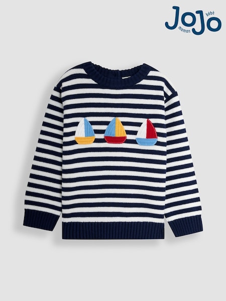 JoJo Maman Bébé Ecru/Navy Stripe Crochet Sailboat 100% Cotton Jumper (AU0458) | £26 - £29