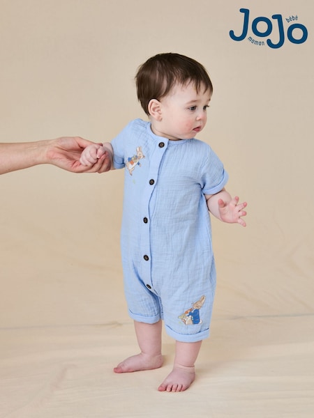 JoJo Maman Bébé Blue Peter Rabbit™ Cheesecloth Button Front 100% Cotton Romper (AU0466) | £30 - £32