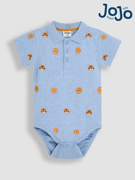 JoJo Maman Bébé Blue Lion & Tiger Embroidered Polo Shirt Bodysuit (AU0467) | £15 - £16