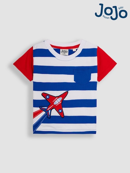 JoJo Maman Bébé Blue Red Arrows Appliqué Stripe T-Shirt (AU0468) | £17 - £20