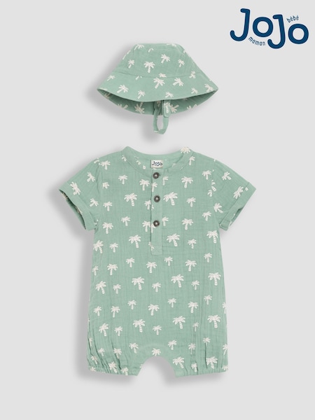 JoJo Maman Bébé Khaki Green Palm Tree 2-Piece Cheesecloth Palm Tree Romper & Hat Set (AU0491) | £29 - £30