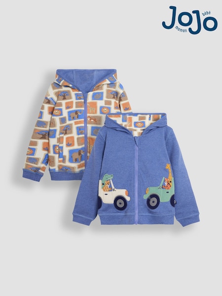 JoJo Maman Bébé Denim Safari Animals Appliqué Reversible Hoodie (AU0608) | £27 - £30