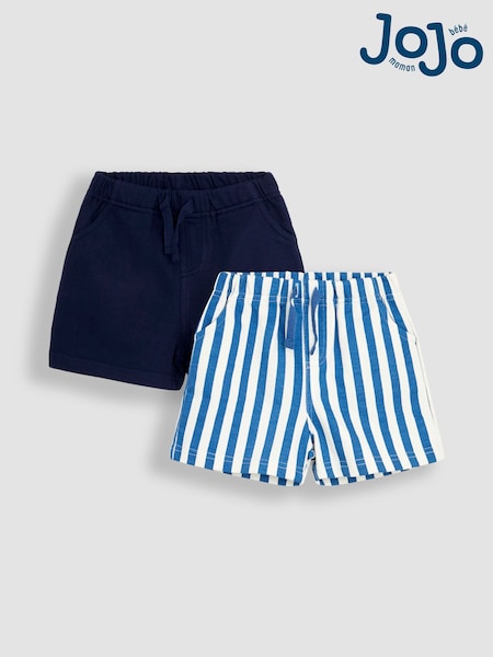 JoJo Maman Bébé Blue Stripe & Navy Blue 2-Pack Stripe Jogger Shorts (AU0614) | £19 - £22