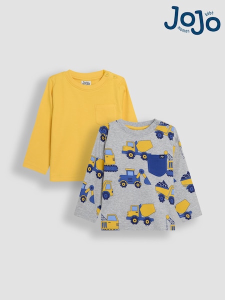 JoJo Maman Bébé Grey & Yellow Printed & Plain 100% Cotton Tops 2 Pack (AU0617) | £21 - £24