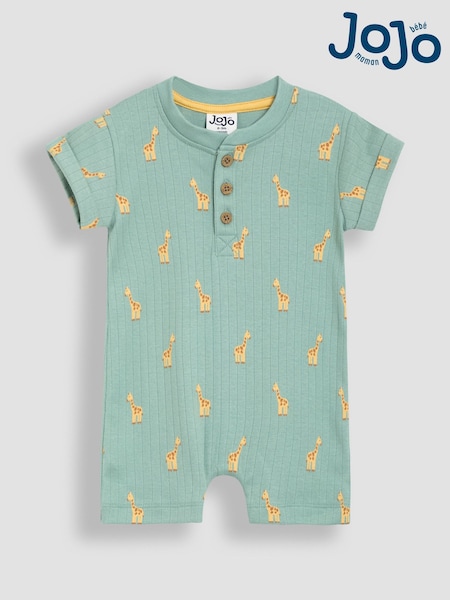 JoJo Maman Bébé Sage Green Giraffe Ribbed 100% Cotton Romper (AU0625) | £21 - £22