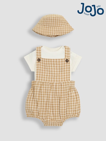 JoJo Maman Bébé Brown Textured Gingham 100% Cotton Romper Set (AU0626) | £35 - £37