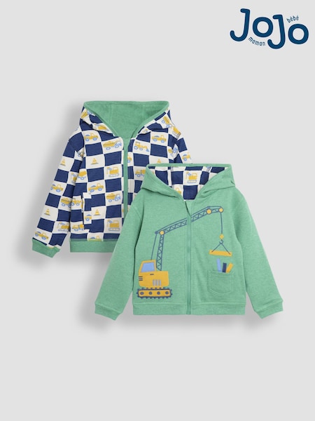 JoJo Maman Bébé Green Construction Vehicle Appliqué Reversible Hoodie (AU0631) | £27 - £30