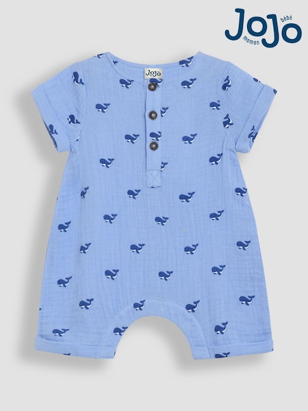 JoJo Maman Bébé Blue Whale Cheesecloth Button Front Romper (AU0635) | £23 - £24