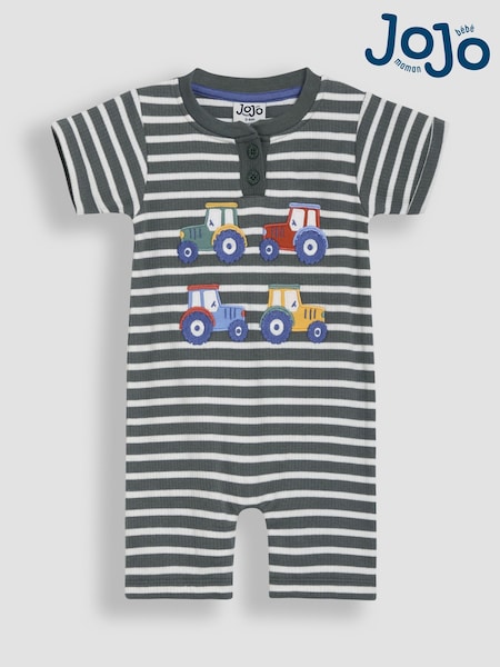 JoJo Maman Bébé Khaki Green Tractor Dino Scene Romper (AU0641) | £20 - £21