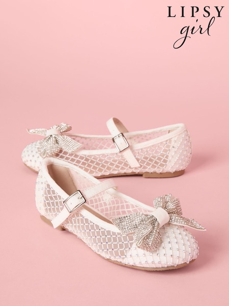 Lipsy White Flat Diamante Bow Occasion Ballerina Pumps (AU0643) | £30 - £34