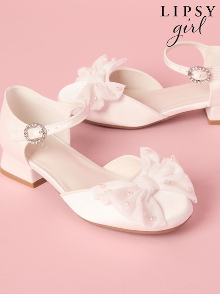 Lipsy White Low Block Heel Pearl Bow Occasion Flower Girl Heeled Sandals (AU0651) | £29 - £33