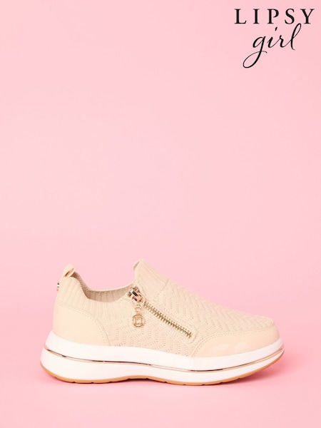 Lipsy Cream Pull On Side Zip Stretch Knit Chunky Runner Trainers (AU0654) | £28 - £32