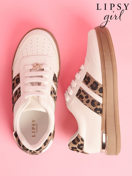 Lipsy White Leopard Slim Flat Sole Stripe Gum Outsole Trainers (AU0655) | £25 - £29