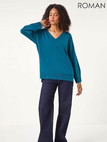 Roman Blue Soft V-Neck Side Split Knit Sweater (AU0847) | £32
