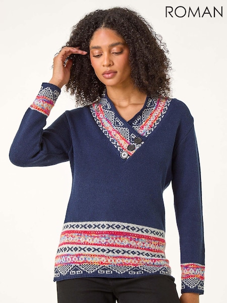 Roman Blue Nordic Print Button Detail Jumper (AU0849) | £42