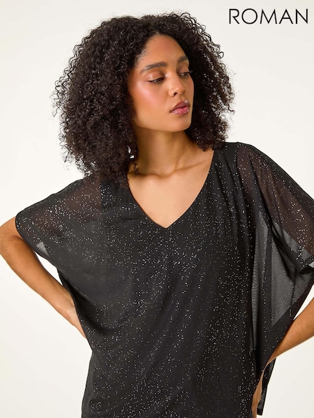 Roman Black Glitter Mesh Overlay Tunic Stretch Top (AU0850) | £40