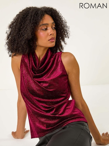 Roman Red Glitter Velvet Cowl Neck Stretch Top (AU0868) | £32