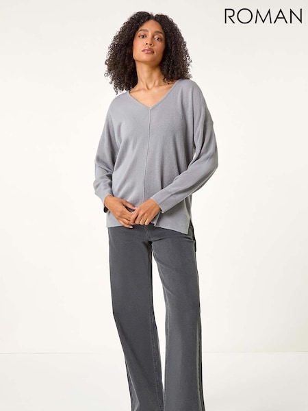 Roman Grey Soft V-Neck Side Split Knit Sweater (AU0874) | £32