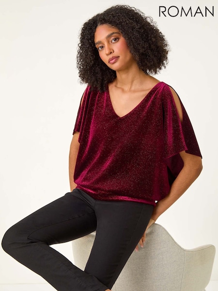 Roman Red Glitter Velvet Banded Hem Stretch Top (AU0883) | £40