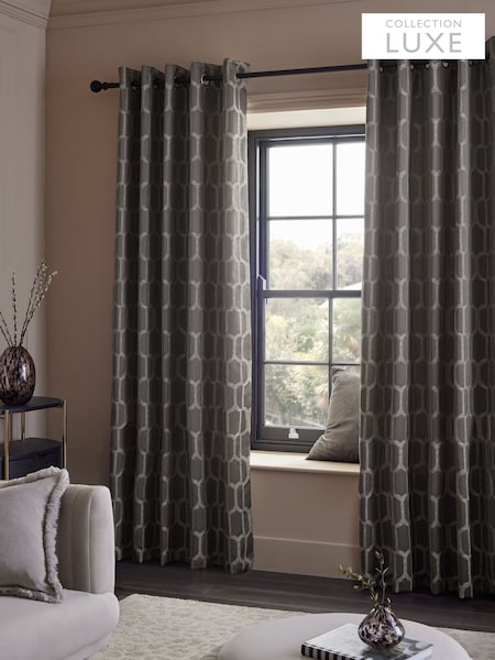 Mink/Gold Collection Luxe Evie Geometric Jacquard Eyelet Lined Curtains (AU0896) | £100 - £215