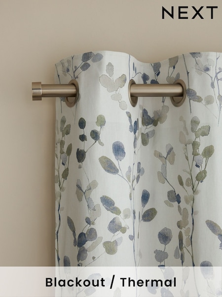 Natural/Blue Honesty Leaf Floral Print Blackout/Thermal Eyelet Curtains (AU0899) | £50 - £110