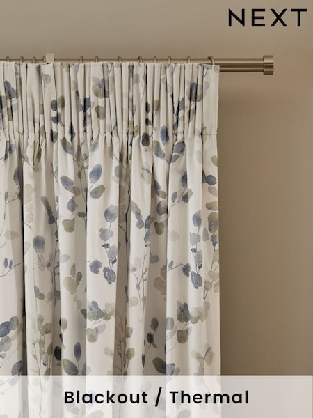 Natural/Blue Honesty Leaf Floral Print Blackout/Thermal Pencil Pleat Curtains (AU0900) | £50 - £110