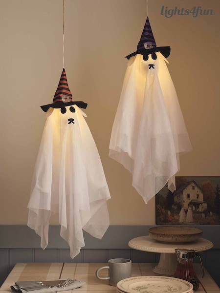 Lights4fun Set Of 2 Led Hanging Halloween Ghost Dogs