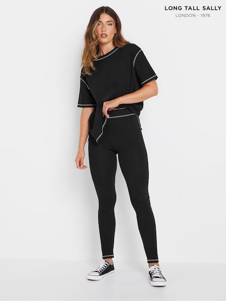 Long Tall Sally Black 100% Cotton Contrast Stitch T-Shirt and Leggings Set (AU1032) | £33