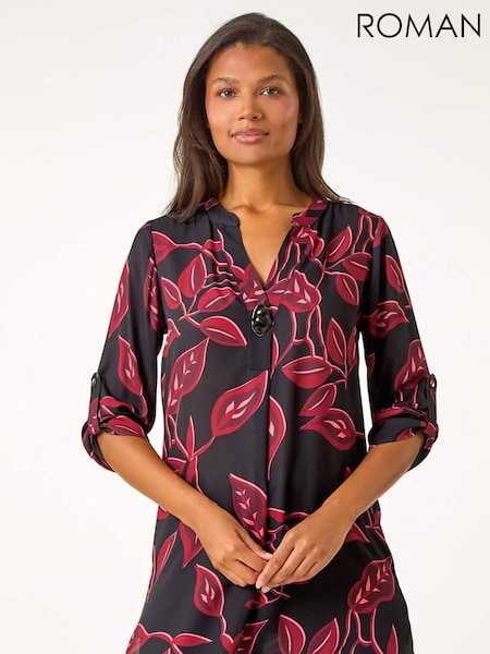 Roman Red Leaf Print Button Detail Top (AU1038) | £40