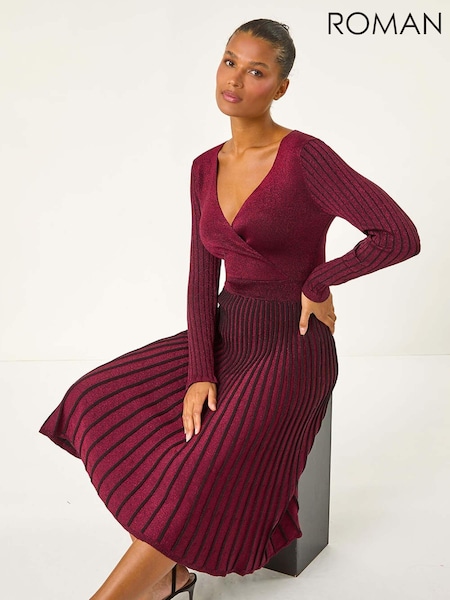 Roman Red Sparkle Wrap Knitted Midi Dress (AU1056) | £65