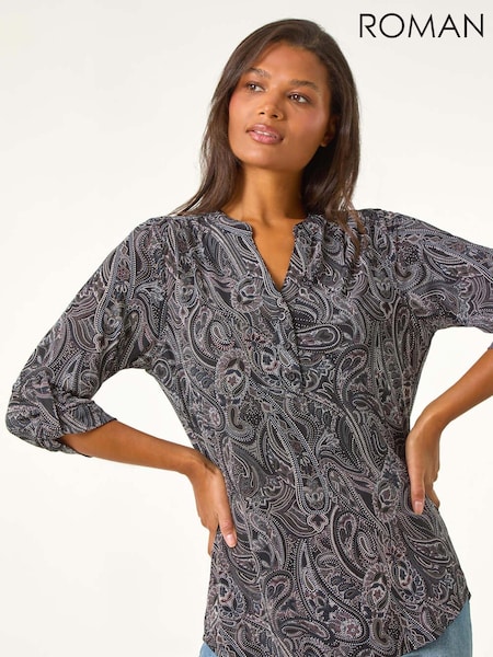 Roman Grey Textured Paisley Print Stretch Blouse (AU1067) | £35