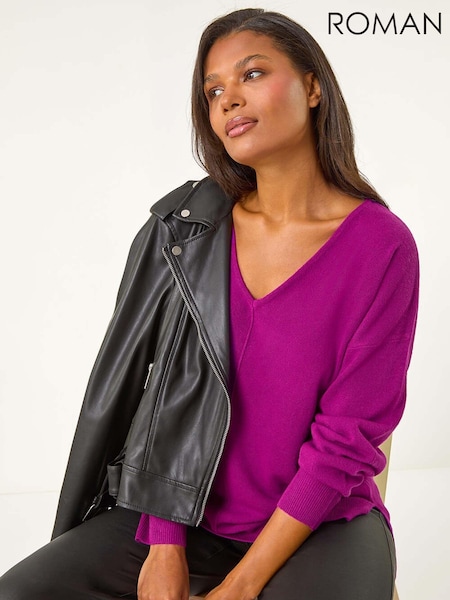 Roman Purple Soft V-Neck Side Split Knit Sweater (AU1069) | £32