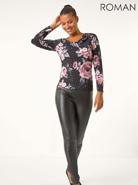 Roman Pink Floral Print Cowl Neck Sequin Top (AU1077) | £32