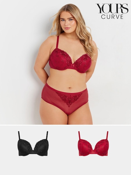 Yours Curve Red & Black Floral Embroidered Padded Bra Bras 2 Pack (AU1222) | £40