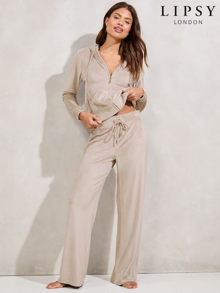 Ecru Embroidered Velour Relaxed Wide Leg Joggers (AU1228) | £26