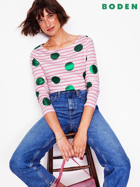 Boden Cream 100% Cotton Ella Long Sleeve Breton T-Shirt (AU1246) | £19