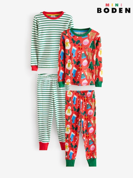Boden Red Twin Pack Snug 100% Cotton Christmas Pyjamas (AU1477) | £12 - £14