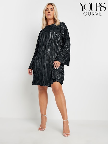 Yours Curve Black Flute Sleeve Plisse Dress (AU1579) | £37